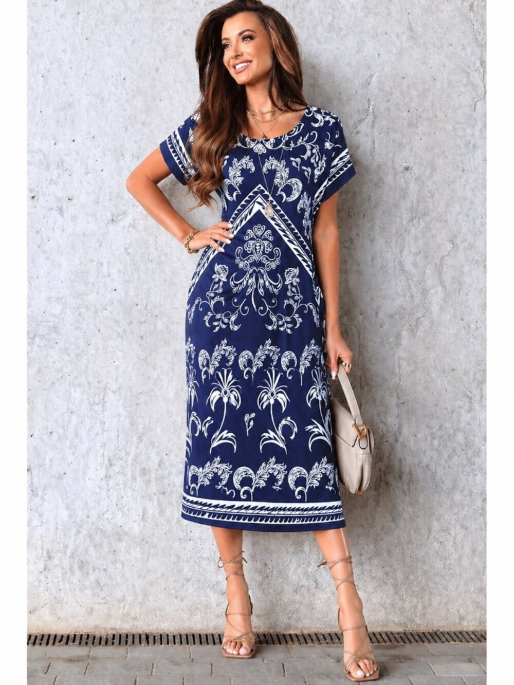 Chico's Brand Midi Dress. Navy Blue and White Floral Scroll Print. Size 0. GUC